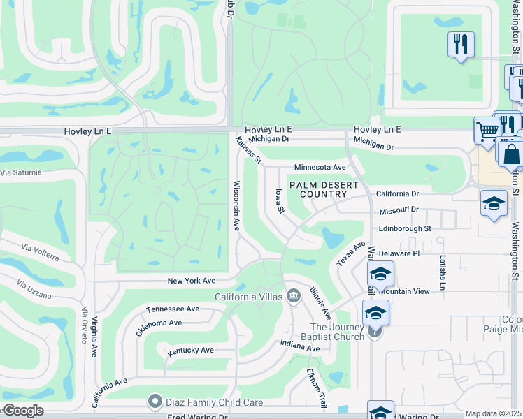 map of restaurants, bars, coffee shops, grocery stores, and more near 42605 Kansas Street in Palm Desert