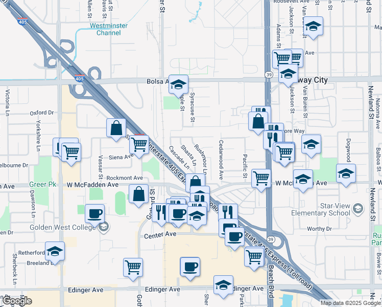 map of restaurants, bars, coffee shops, grocery stores, and more near 15332 Shasta Lane in Huntington Beach