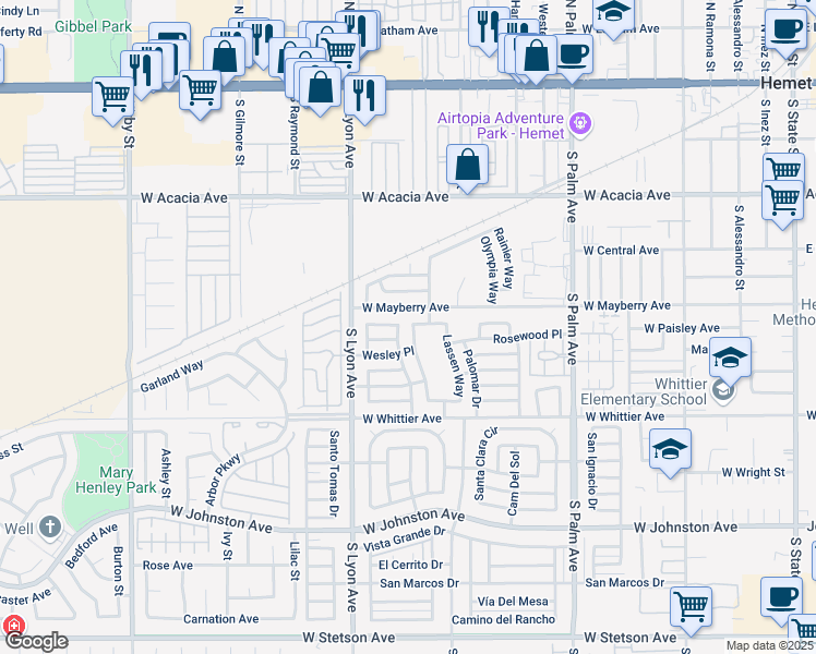 map of restaurants, bars, coffee shops, grocery stores, and more near 541 Shasta Way in Hemet