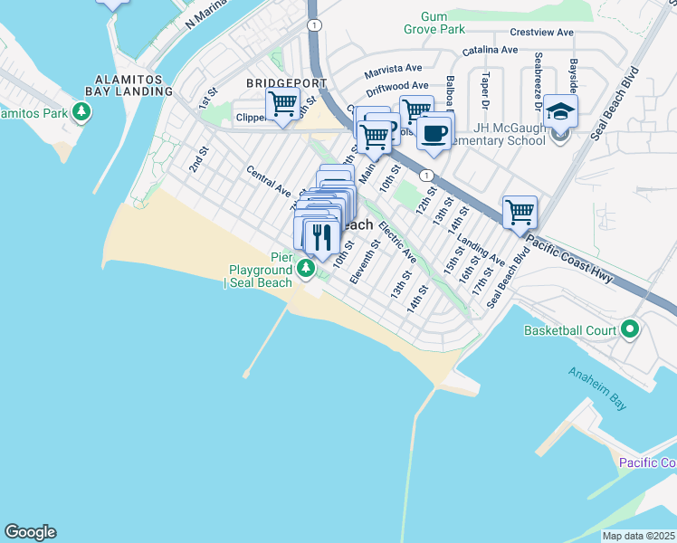 map of restaurants, bars, coffee shops, grocery stores, and more near 1001 Ocean Avenue in Seal Beach