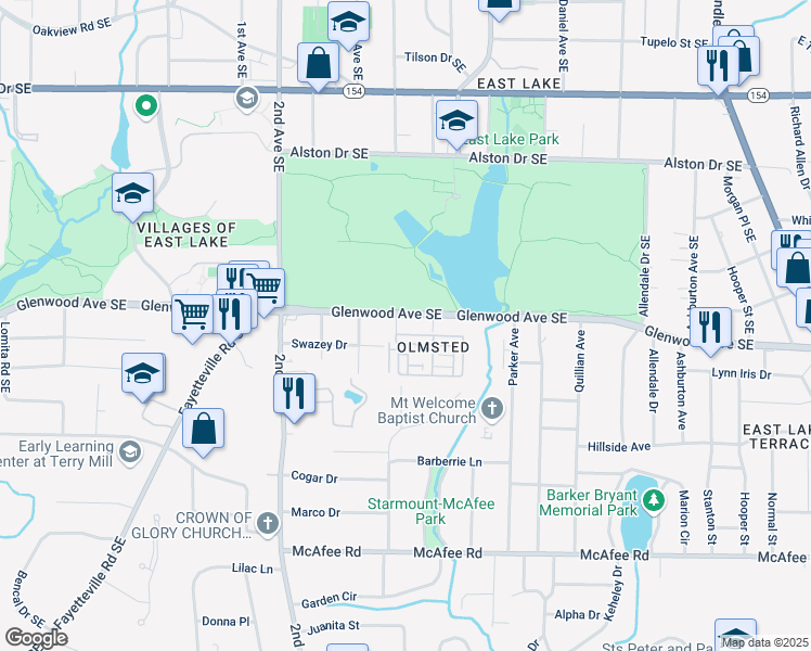 map of restaurants, bars, coffee shops, grocery stores, and more near 2535 Glenwood Avenue Southeast in Atlanta