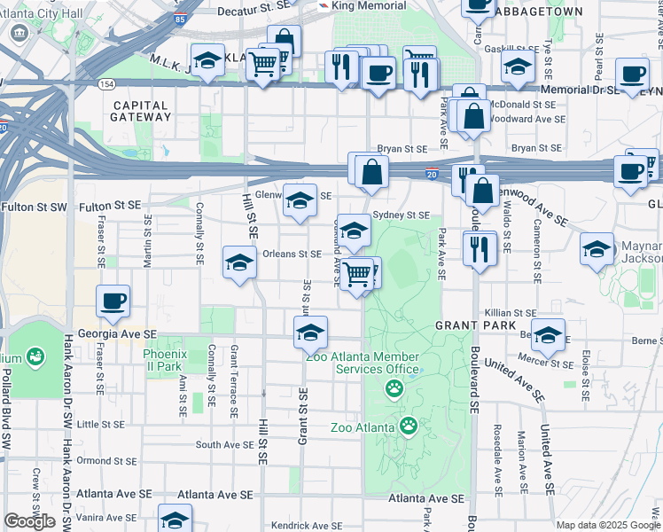 map of restaurants, bars, coffee shops, grocery stores, and more near 551 Oakland Avenue Southeast in Atlanta