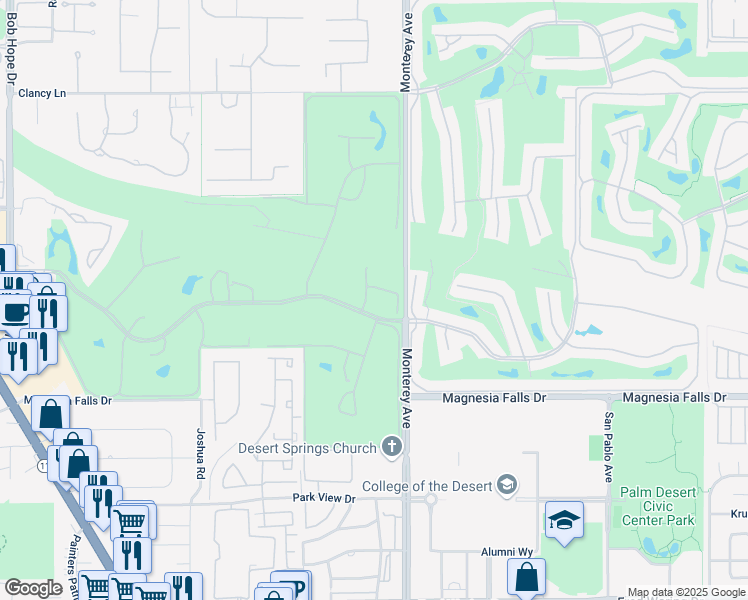map of restaurants, bars, coffee shops, grocery stores, and more near 9 Tortosa Drive in Rancho Mirage