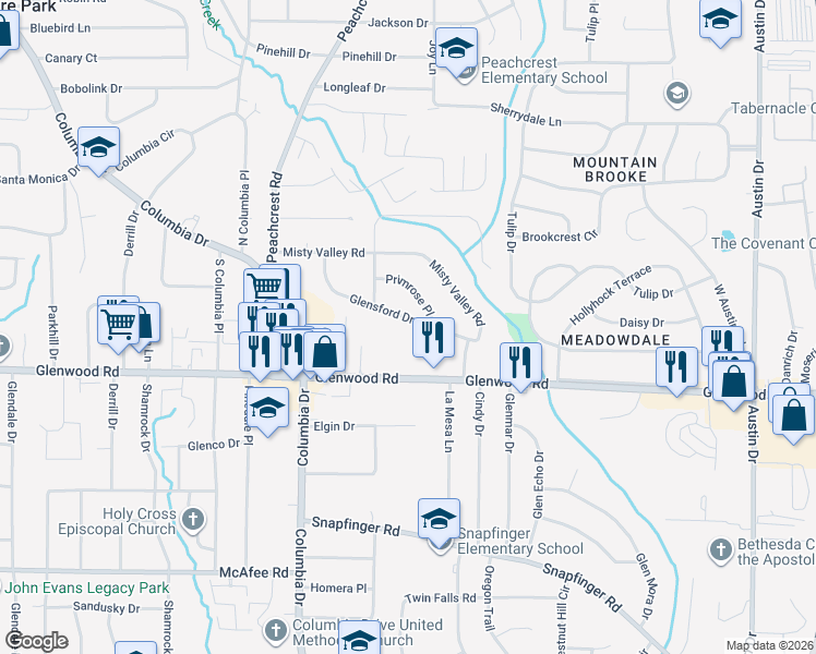 map of restaurants, bars, coffee shops, grocery stores, and more near 3491 Glensford Drive in Decatur