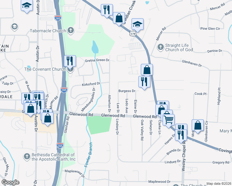 map of restaurants, bars, coffee shops, grocery stores, and more near 1765 Lee Street in Decatur