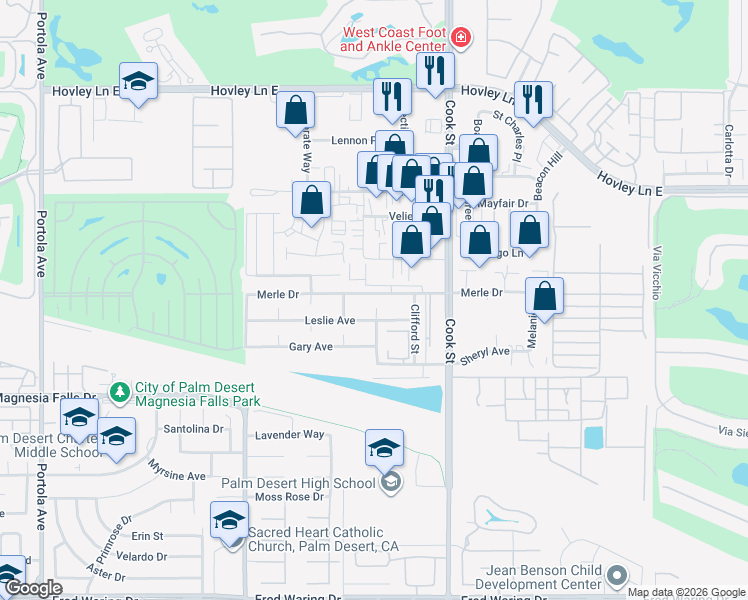 map of restaurants, bars, coffee shops, grocery stores, and more near 74821 Merle Dr in Palm Desert