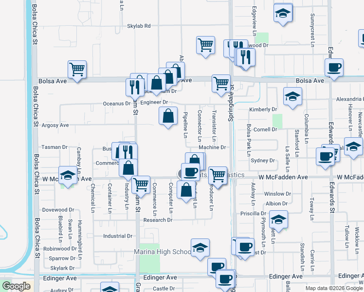 map of restaurants, bars, coffee shops, grocery stores, and more near 15341 Pipeline Lane in Huntington Beach