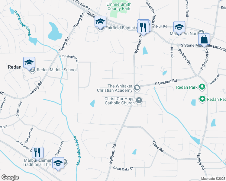map of restaurants, bars, coffee shops, grocery stores, and more near 5969 South Deshon Court in Lithonia