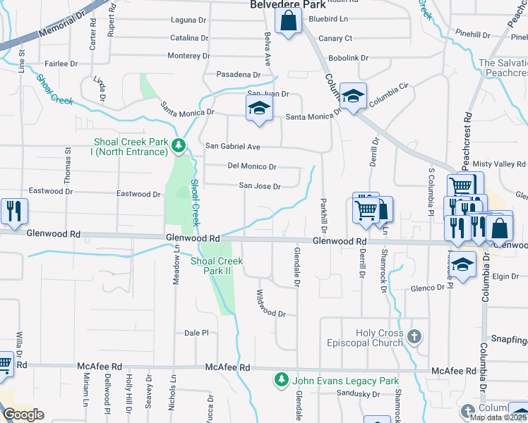 map of restaurants, bars, coffee shops, grocery stores, and more near 1841 Shoal Creek Boulevard in Decatur
