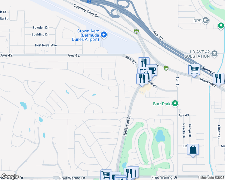 map of restaurants, bars, coffee shops, grocery stores, and more near 42550 Stardust Place in Bermuda Dunes