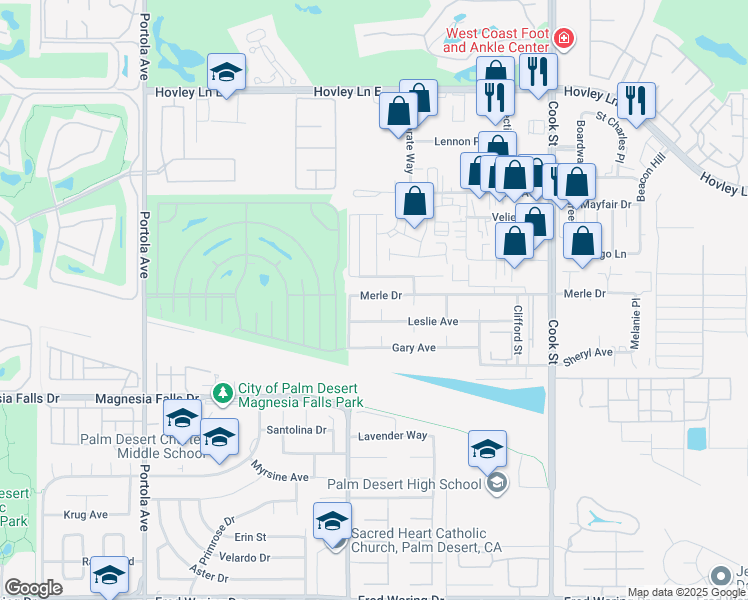 map of restaurants, bars, coffee shops, grocery stores, and more near 74561 Merle Drive in Palm Desert