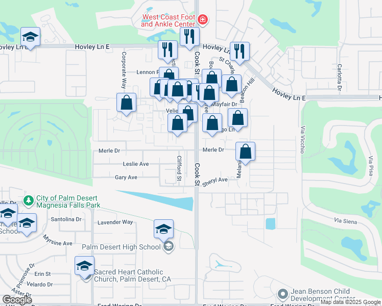 map of restaurants, bars, coffee shops, grocery stores, and more near 42525 Cook Street in Palm Desert