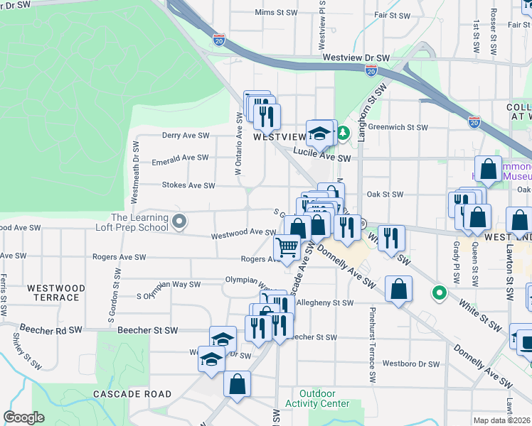 map of restaurants, bars, coffee shops, grocery stores, and more near 1536 South Gordon Street Southwest in Atlanta
