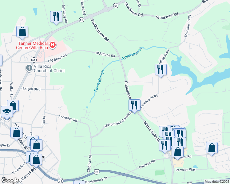 map of restaurants, bars, coffee shops, grocery stores, and more near 182 Parkway Circle in Villa Rica