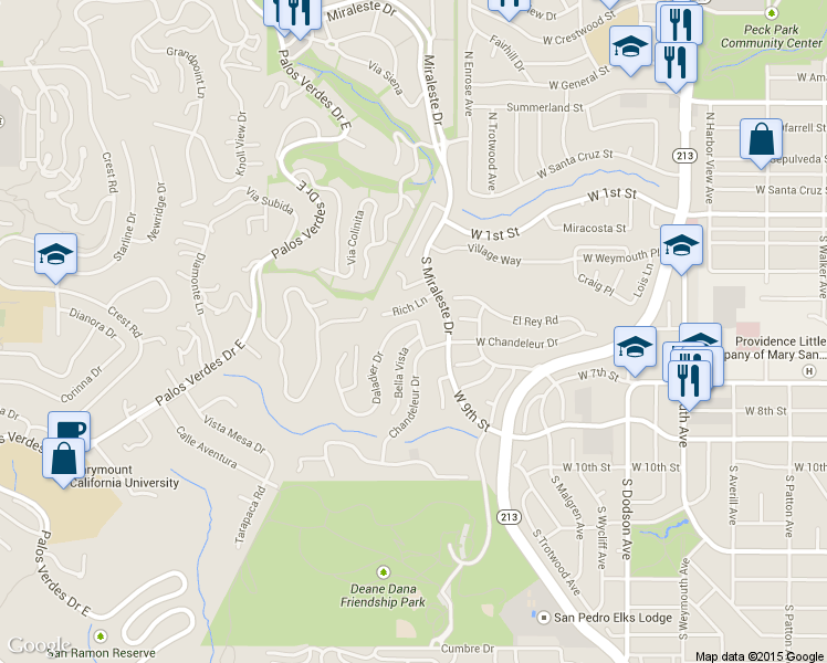 map of restaurants, bars, coffee shops, grocery stores, and more near 2108 Daladier Drive in Rancho Palos Verdes