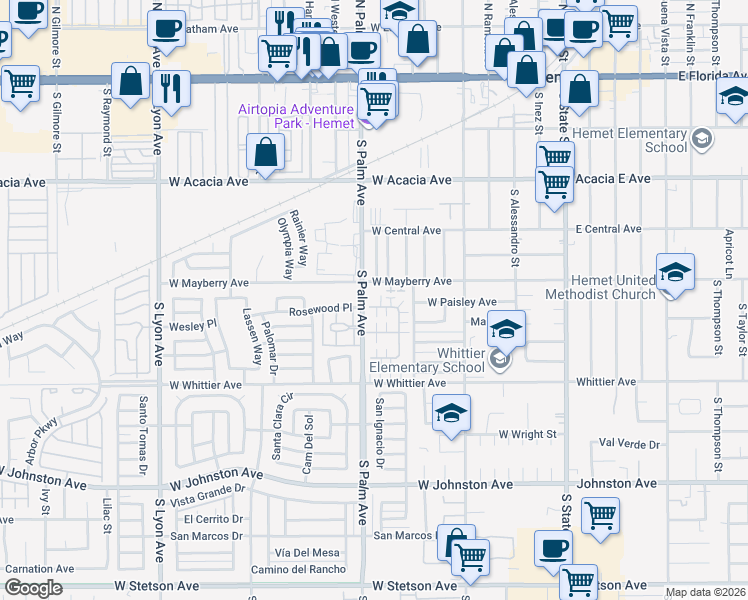 map of restaurants, bars, coffee shops, grocery stores, and more near 862 Oleander Street in Hemet