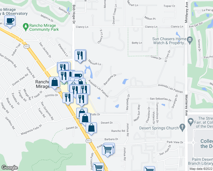 map of restaurants, bars, coffee shops, grocery stores, and more near 17 Barcelona Drive in Rancho Mirage