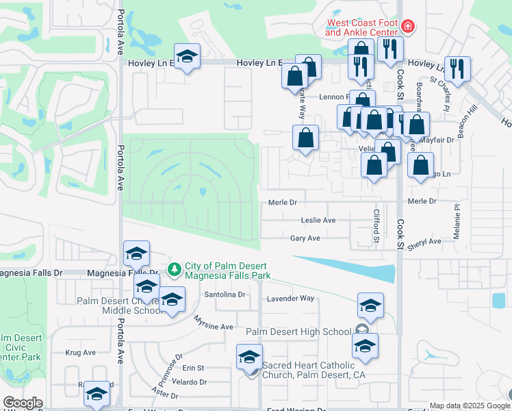 map of restaurants, bars, coffee shops, grocery stores, and more near 74612 Azurite Circle East in Palm Desert