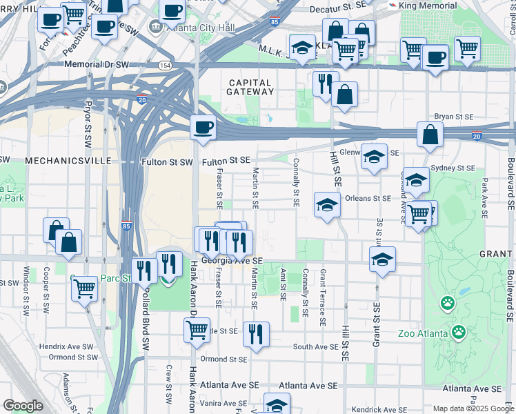 map of restaurants, bars, coffee shops, grocery stores, and more near 118 Crumley St SE in Atlanta