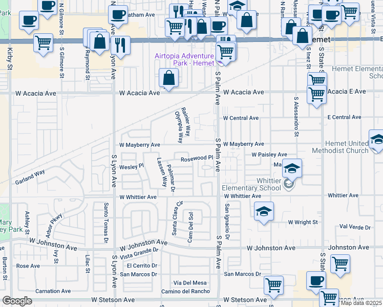 map of restaurants, bars, coffee shops, grocery stores, and more near 1047 West Mayberry Avenue in Hemet