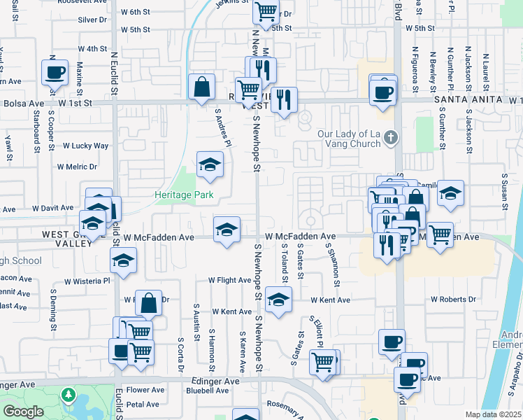 map of restaurants, bars, coffee shops, grocery stores, and more near 601 South Mountain View Street in Santa Ana