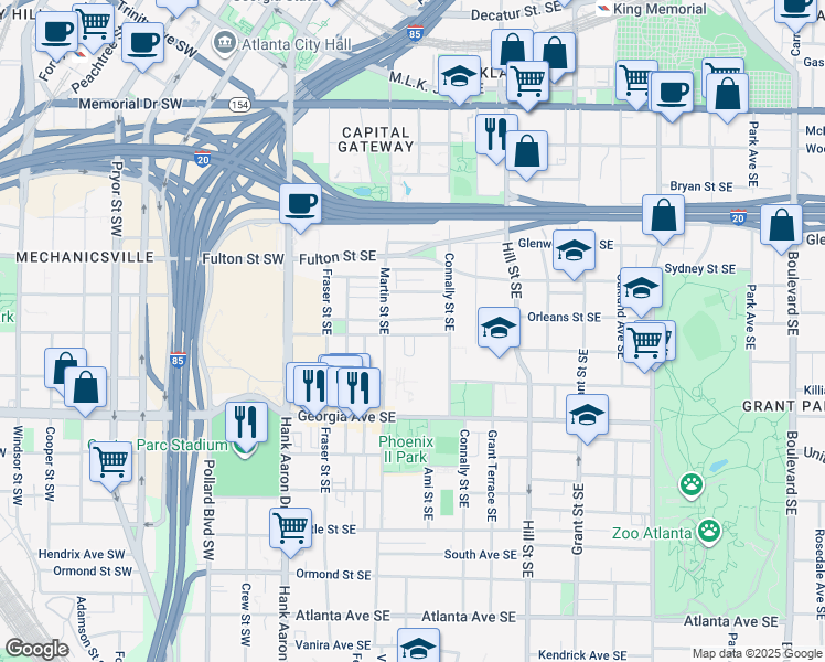 map of restaurants, bars, coffee shops, grocery stores, and more near 160 Crumley Street Southeast in Atlanta