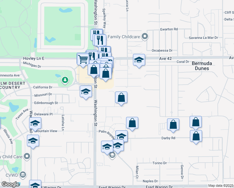 map of restaurants, bars, coffee shops, grocery stores, and more near 42488 Byron Place in Bermuda Dunes