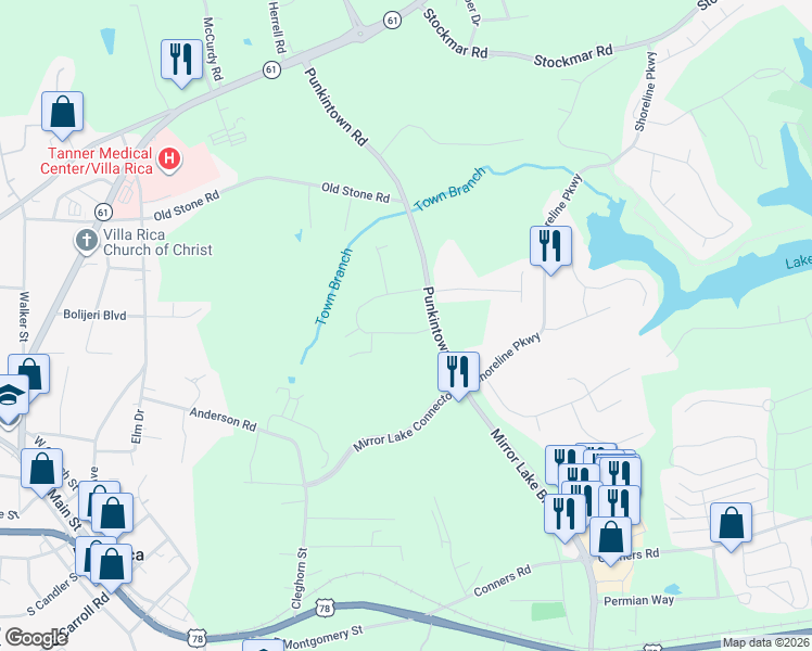 map of restaurants, bars, coffee shops, grocery stores, and more near 182 Parkway Circle in Villa Rica