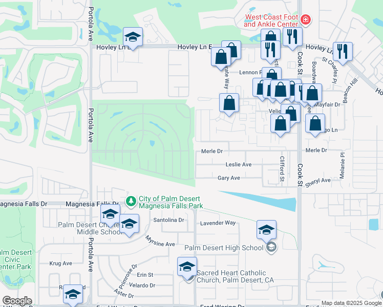 map of restaurants, bars, coffee shops, grocery stores, and more near 74612 Azurite Circle East in Palm Desert