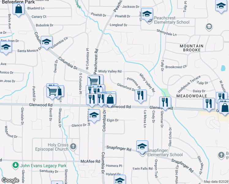 map of restaurants, bars, coffee shops, grocery stores, and more near 4094 Glenwood Road in Decatur