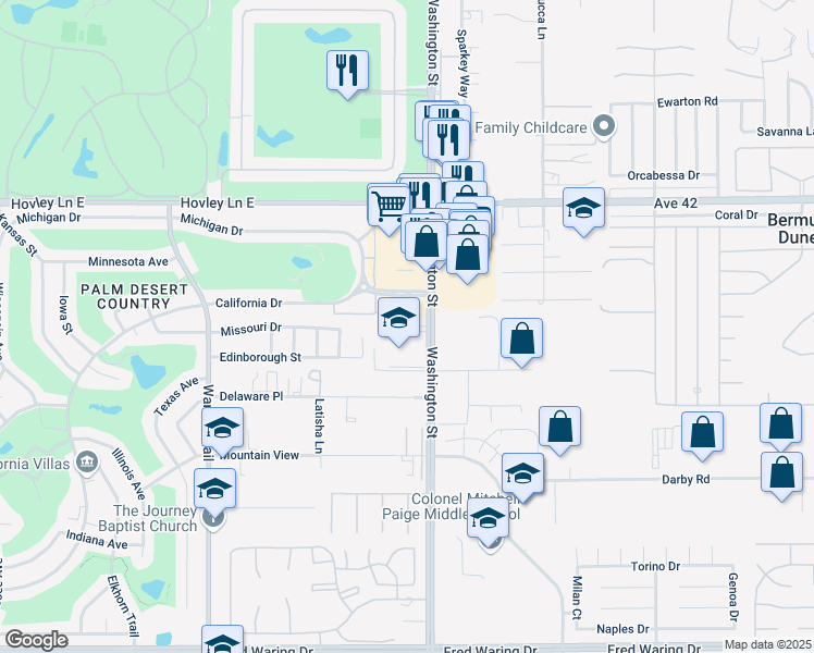 map of restaurants, bars, coffee shops, grocery stores, and more near Dudley Drive in Palm Desert