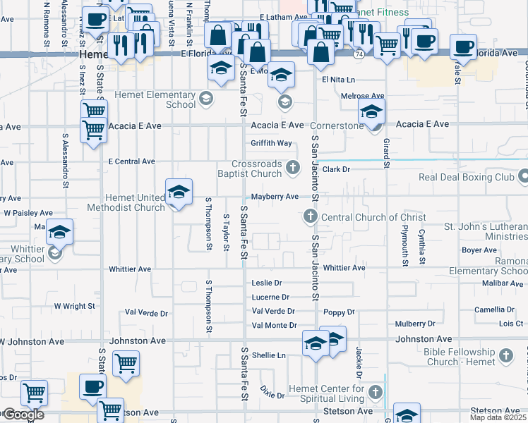 map of restaurants, bars, coffee shops, grocery stores, and more near 560 Hart Street in Hemet