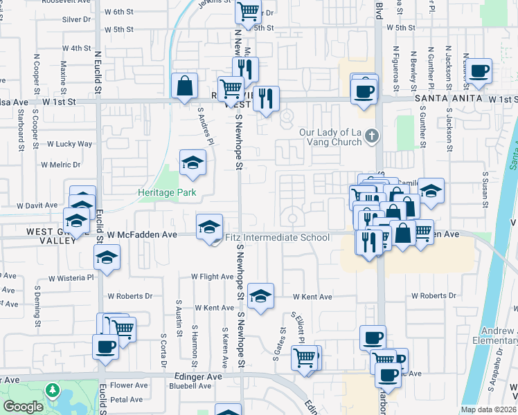 map of restaurants, bars, coffee shops, grocery stores, and more near 601 South Newhope Street in Santa Ana