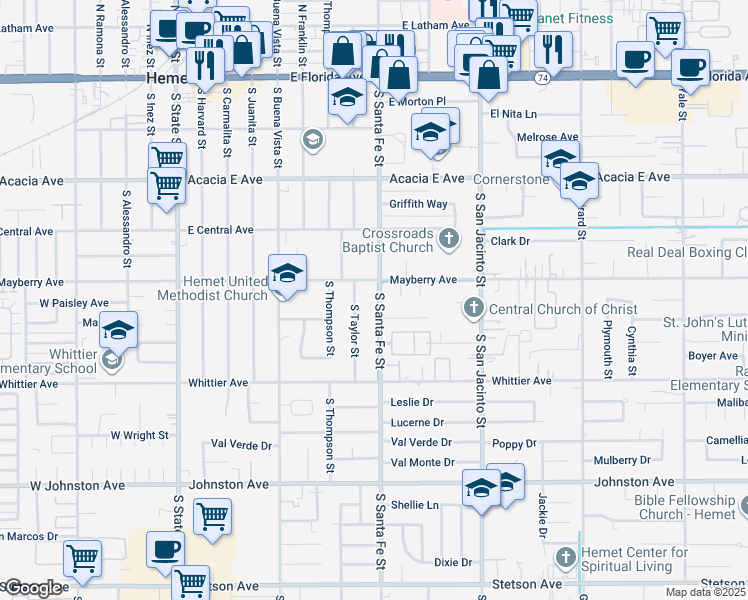 map of restaurants, bars, coffee shops, grocery stores, and more near 525 South Santa Fe Street in Hemet