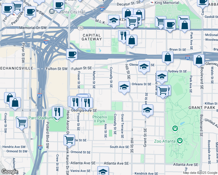 map of restaurants, bars, coffee shops, grocery stores, and more near 174 Crumley Street Southeast in Atlanta