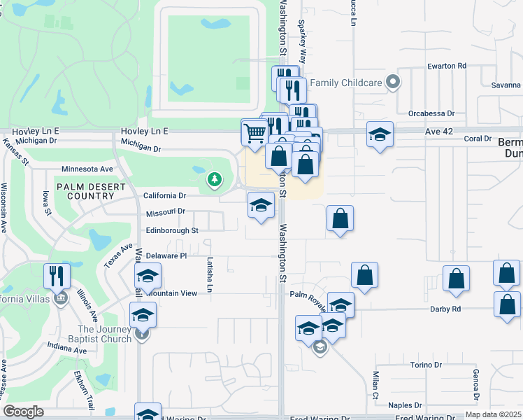 map of restaurants, bars, coffee shops, grocery stores, and more near 42615 Washington Street in Bermuda Dunes