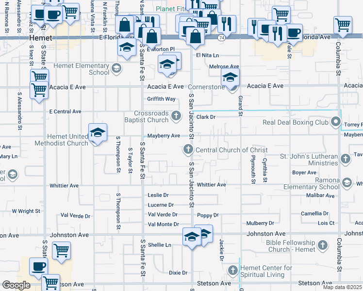 map of restaurants, bars, coffee shops, grocery stores, and more near 537 San Jacinto Street in Hemet