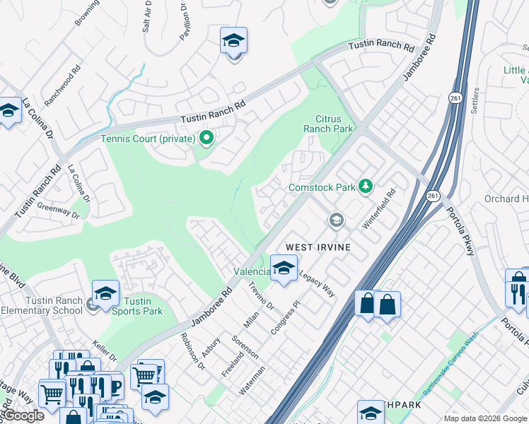 map of restaurants, bars, coffee shops, grocery stores, and more near 2960 Champion Way in Tustin