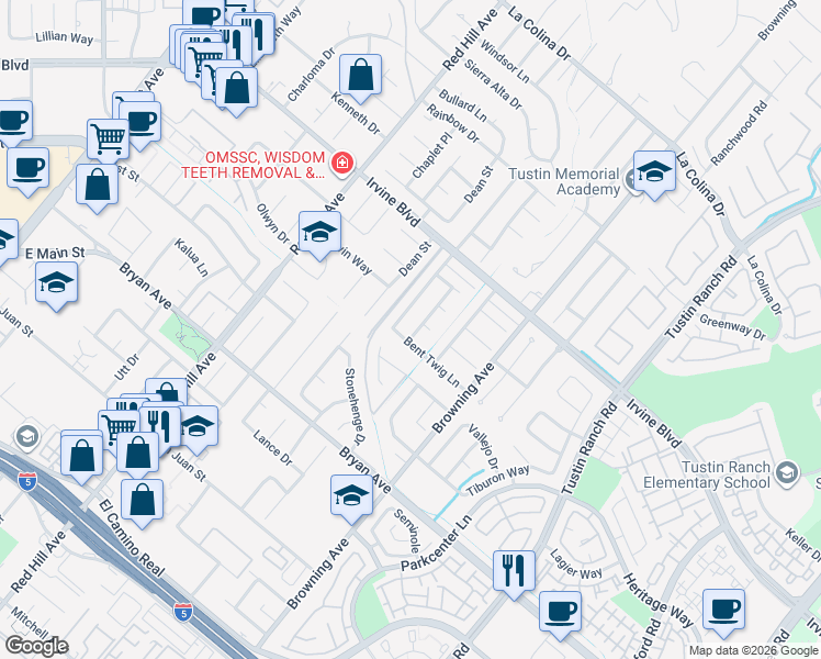 map of restaurants, bars, coffee shops, grocery stores, and more near 13201 Hickory Branch Road in Tustin
