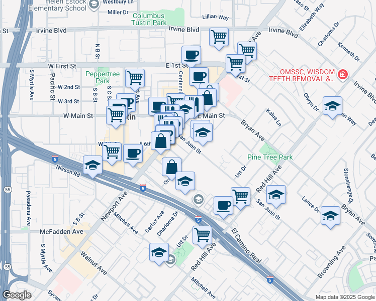 map of restaurants, bars, coffee shops, grocery stores, and more near 1102 San Juan Street in Tustin