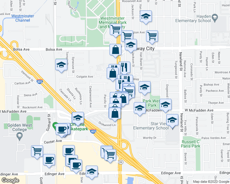 map of restaurants, bars, coffee shops, grocery stores, and more near 15351 Beach Boulevard in Midway City
