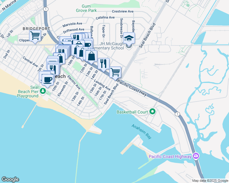 map of restaurants, bars, coffee shops, grocery stores, and more near 257 Seal Beach Boulevard in Seal Beach