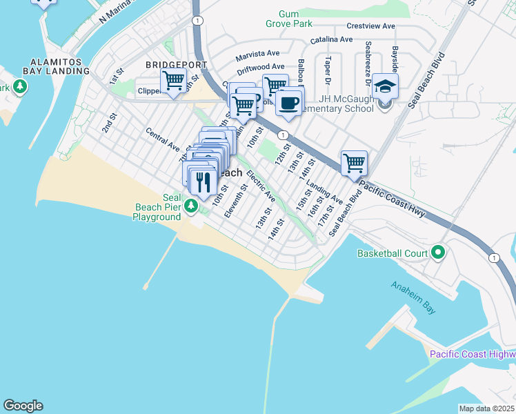 map of restaurants, bars, coffee shops, grocery stores, and more near 132 12th Street in Seal Beach