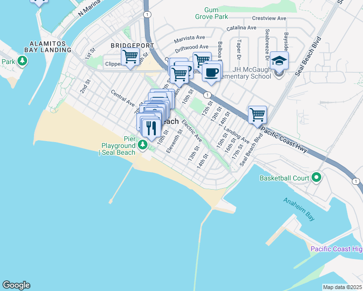 map of restaurants, bars, coffee shops, grocery stores, and more near 132 12th Street in Seal Beach