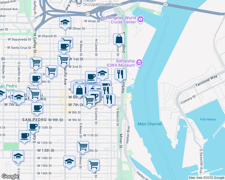 map of restaurants, bars, coffee shops, grocery stores, and more near 550 South Palos Verdes Street in Los Angeles