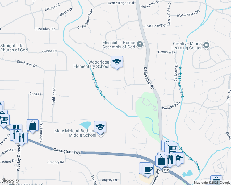 map of restaurants, bars, coffee shops, grocery stores, and more near 4665 Big Valley Road in Stone Mountain