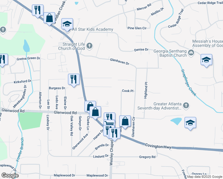 map of restaurants, bars, coffee shops, grocery stores, and more near 4291 Lamar Street in Decatur