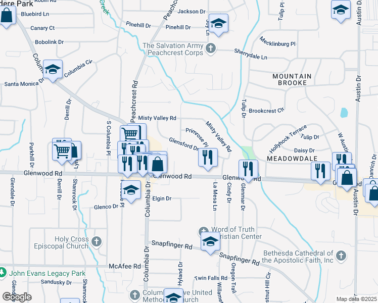 map of restaurants, bars, coffee shops, grocery stores, and more near 3475 Glensford Drive in Decatur