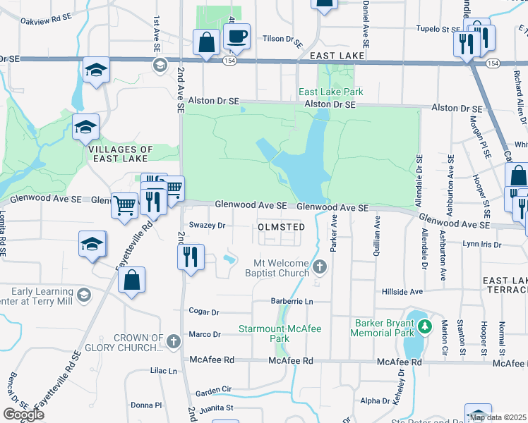 map of restaurants, bars, coffee shops, grocery stores, and more near 2535 Glenwood Avenue Southeast in Atlanta
