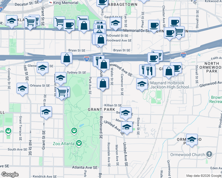 map of restaurants, bars, coffee shops, grocery stores, and more near 541 Waldo Street Southeast in Atlanta